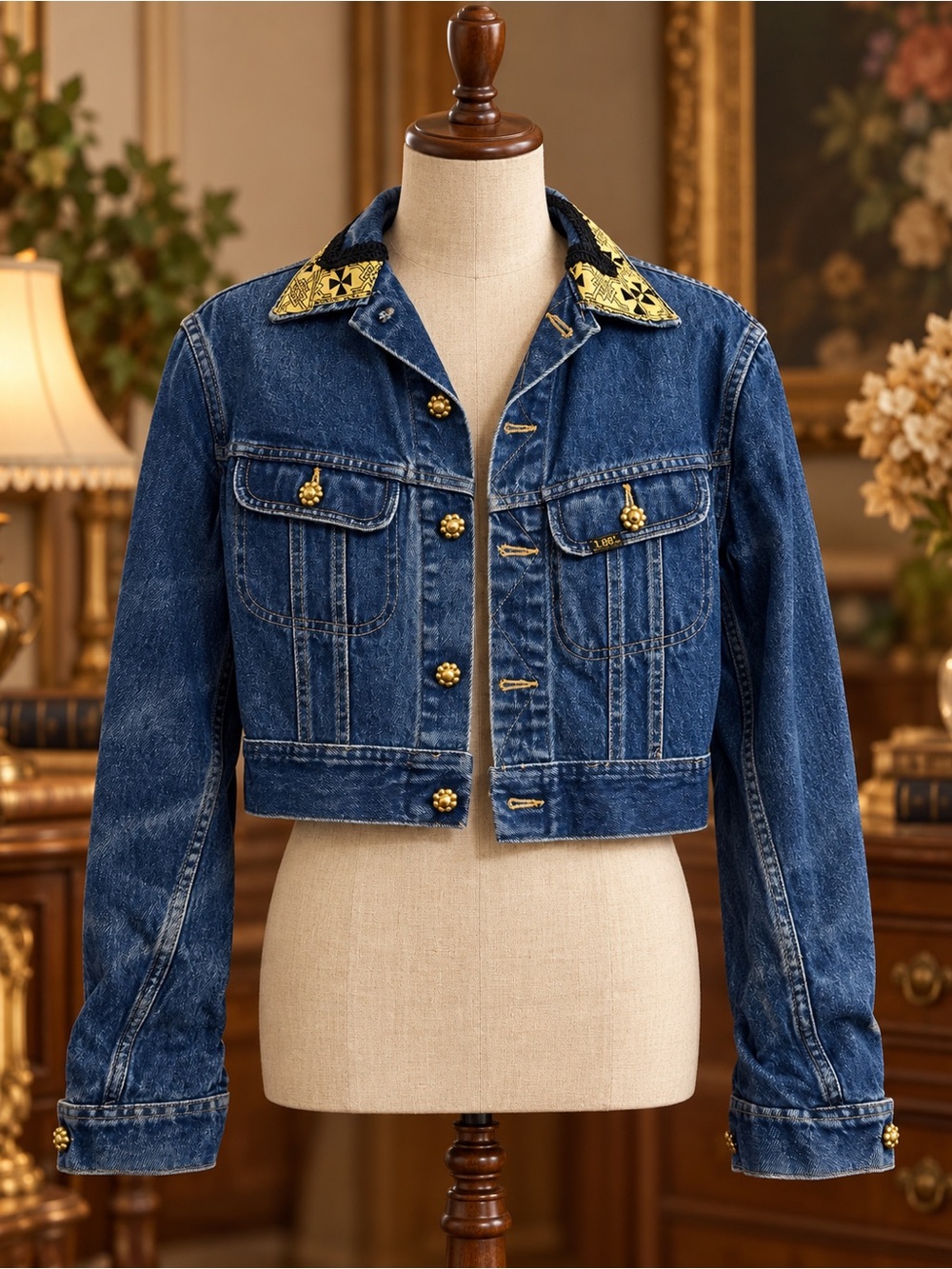 The 24 Collection Cropped Denim Jacket Gold Buttons Embellished Collar | 90βs
